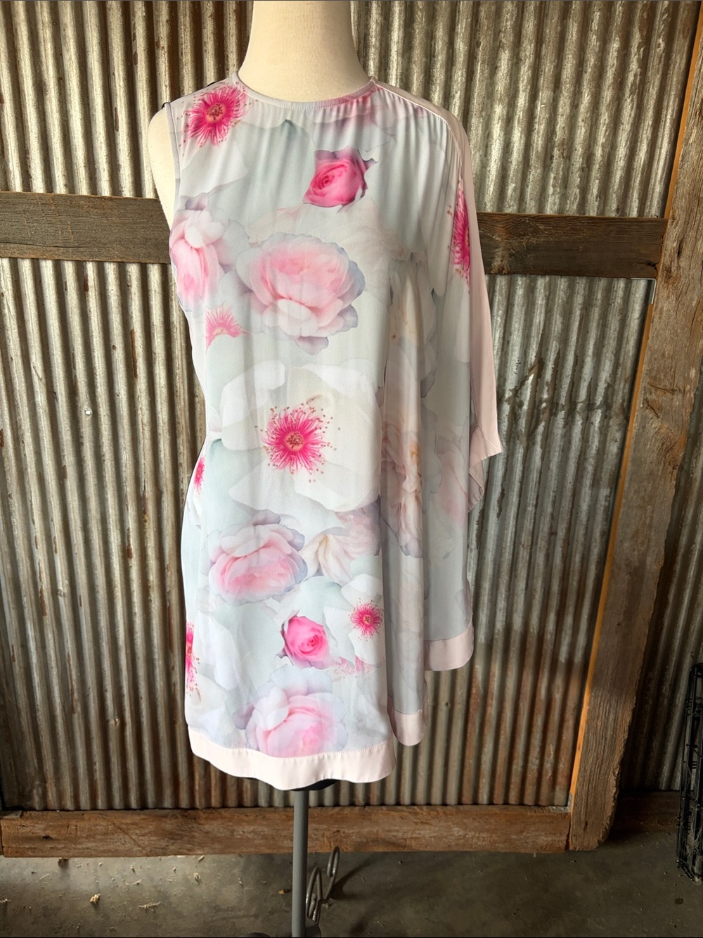 Ted Baker Pink Floral One-Shoulder Asymmetrical Drape Dress